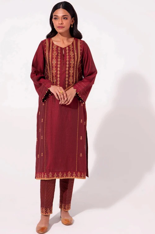 Stitched 2 Piece Cotton Silk Embroidered Suit
